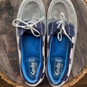 Women’s KEDS ortholite slip on boat loafers shoes Blue white striped Nautical 8